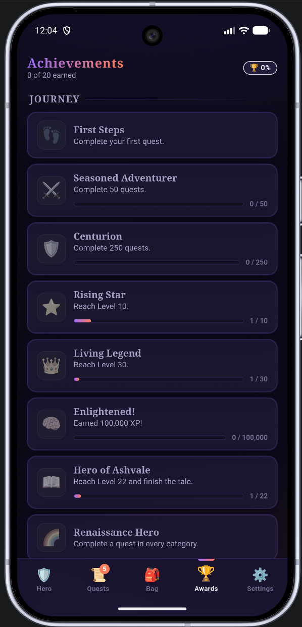 QuestFit achievements list with progress