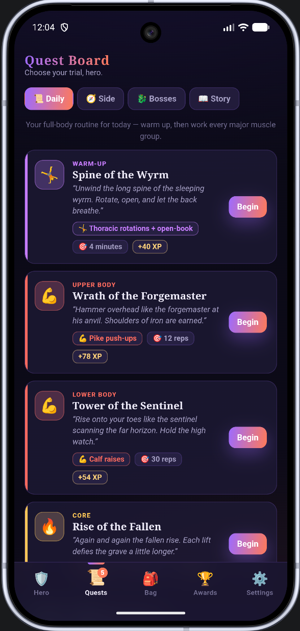 QuestFit daily Quest Board with story-flavored workout quests